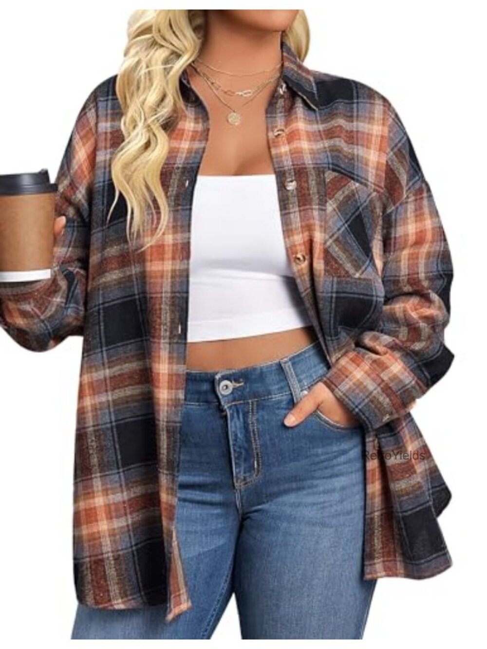 Plus Size Flannel Shirt Long Sleeve Button Down Plaid Top